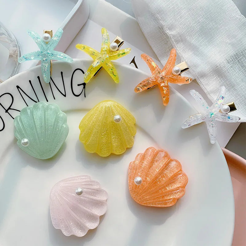 Wholesale 2 Pcs Shell Starfish Hair Clip Sets Pearl Alloy Metal Hairpin Sweet Sea Beach Acrylic Hair Accessories for Women