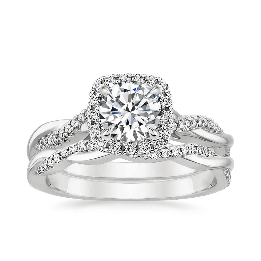 Women's Petite Twisted Vine Halo CZ Diamond Wedding Band Round Eternity Ring Bridal Set Anniversary Gift Silver Jewelry