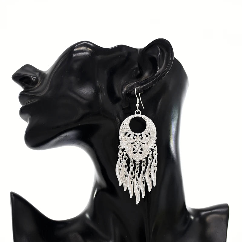 Bohemian Shining Silver Color Brincos Female Earrings Trendy Carving Tassel Earrings Ornaments Accessories
