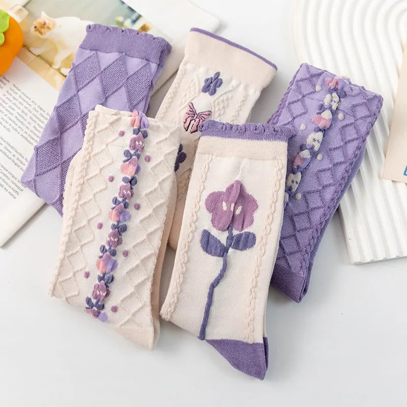 Purple Women's Trendy Mid-Length Crew Socks Academic Style Long Tube Ins Stockings Cartoon for Spring Autumn Cross-Border