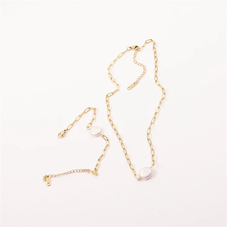 Popular Paper Clip Chain Jewelry Gold Plated Irregular Freshwater Pearl Jewelry Set