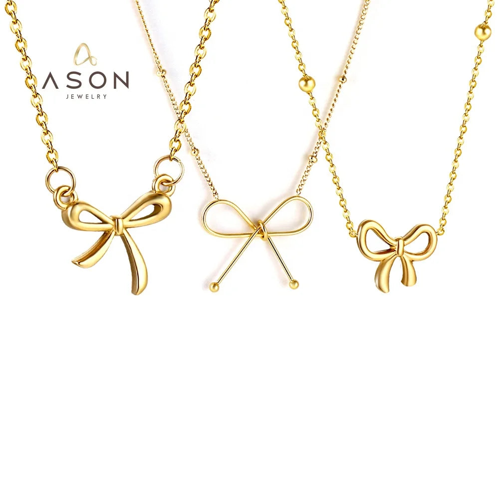 Ason Fashion Bead Chain Waterproof Jewelry PVD Gold 18k Non Tarnish Necklace Pendant Personalization Bowknot Necklace for Women