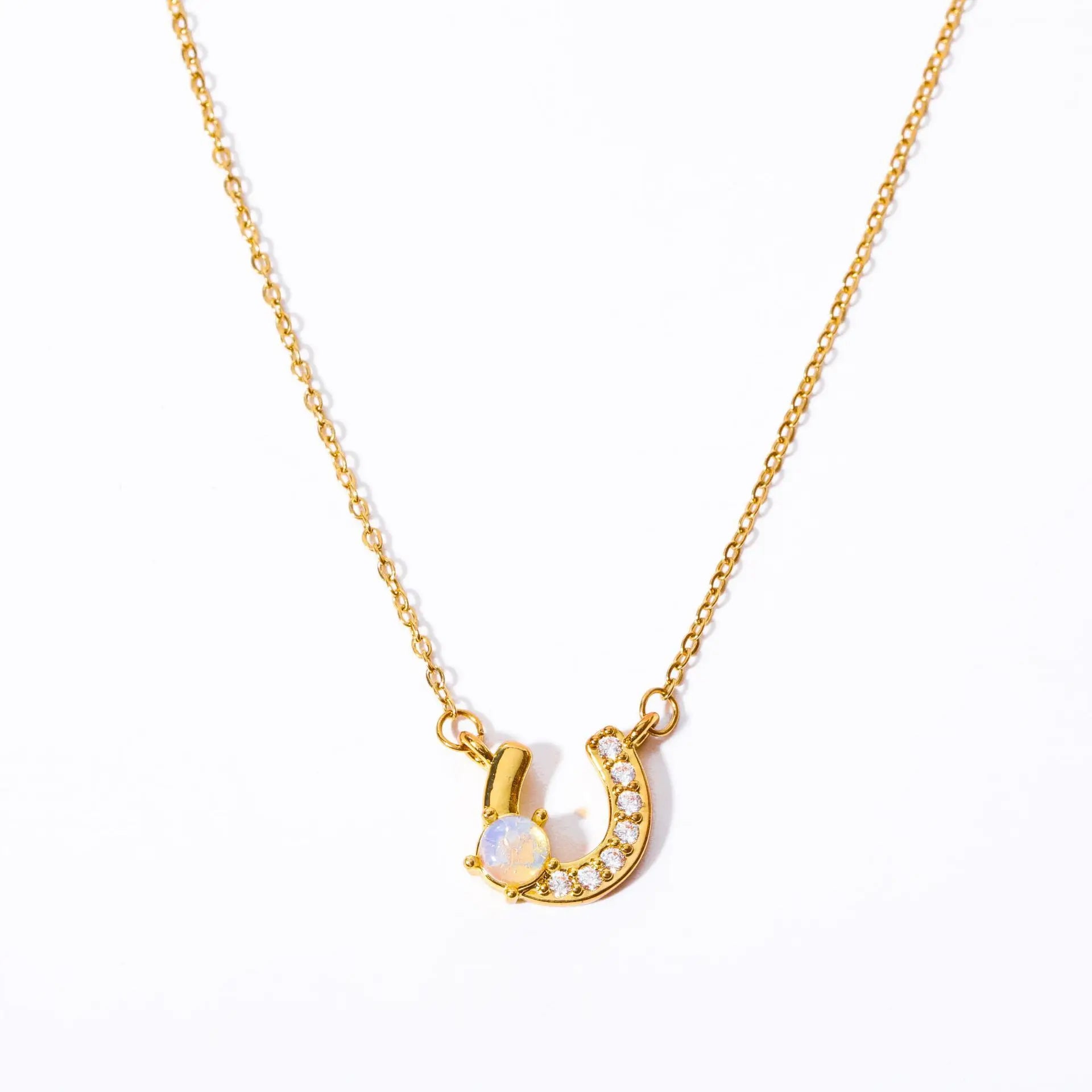 Minimalist Lucky Brass Gold Plated Opal Zircon U Shape Horseshoe Choker Necklace for Women Jewelry Gifts