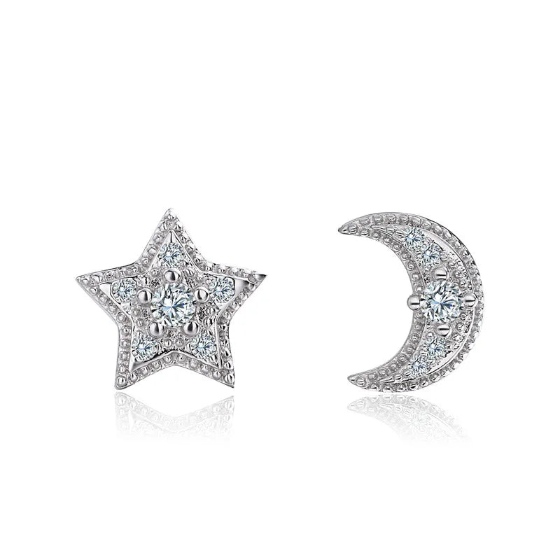 ESMS001 S925 Sterling Silver Geometric Moon Star Stud Earring Rose Gold Plated Cubic Zircon for Anniversary Party Gift