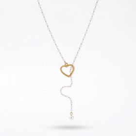 QIAOREN 11808 Elegant Pearl Lariat Y-Necklace 18K Gold Stainless Steel Polished Twisted Heart Statement Wedding Bridal Jewelry