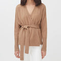 Women's V-Neck Solid Pattern Thick Knitted Cardigan Autumn Sweater with Manufacturer Belt Flutter Sleeves