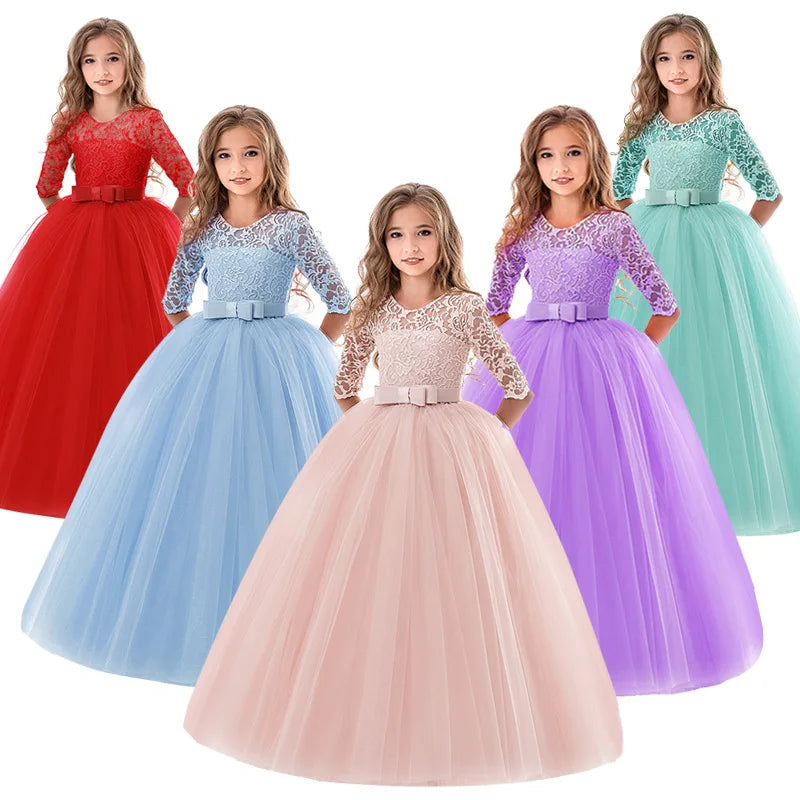 Hot Sale Lace Mesh Dress Girls Puffy Dresses Kids Princess Wedding Dress