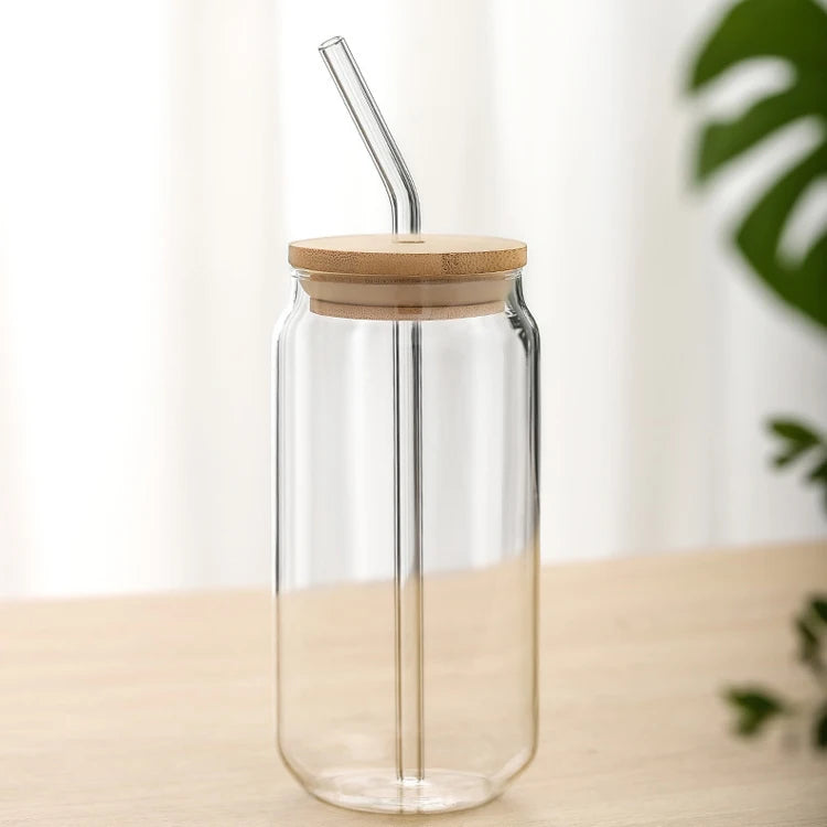 Wholesale 16oz Sublimation Clear Frosted Glass Mug Beer Can Cup With Bamboo Lid and Straw