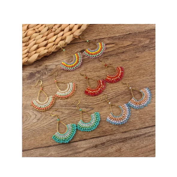 Aretes Boho Fashion Handmade Seed Bead Dangle Earrings Brass Gold Plated Fan Shape Tassel Hoop Earrings