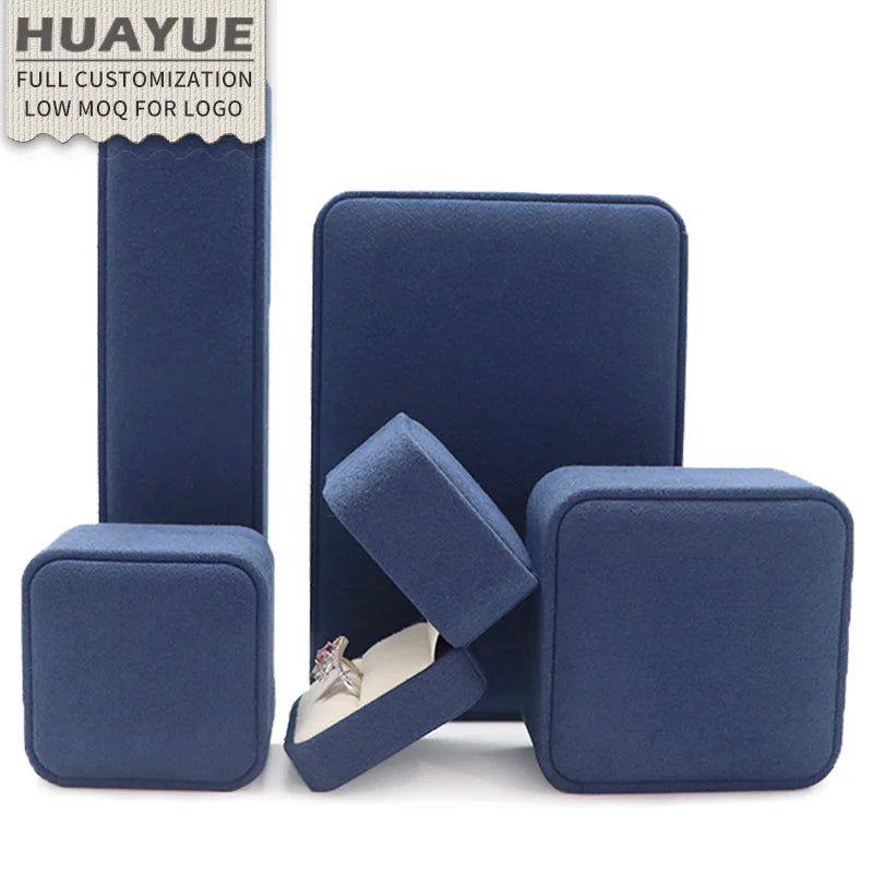 Custom Logo Blue Microfiber Flip Gift Case Flannel Pendant Necklace Earrings Bracelet Ring Jewelry Box Packaging with Logo