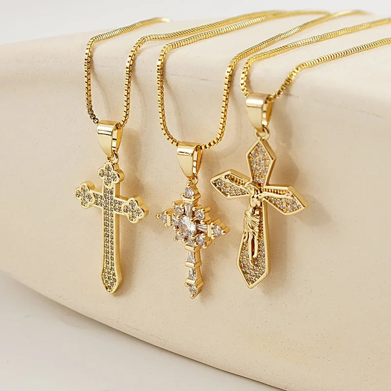 Trendy Christian Faith Luxury Clavicle Chain Crucifix Necklaces Sweater Chain Inlaid Zircon Gold Cross Pendant Necklace for Girl