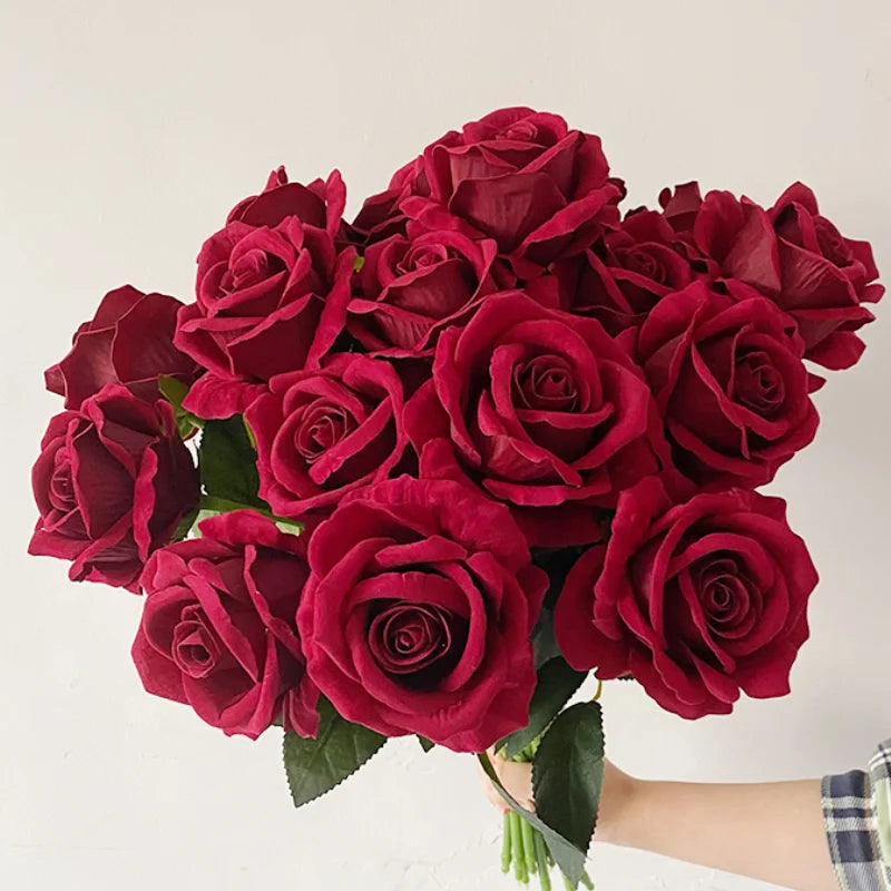 Fake Flower Burgundy Artificial Rose Flowers Bouquet Single Head Red Rose Artificial Flowers Bunch for Wedding Decoration Home