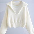 OEM ODM Women's Casual Cropped Top White Knitted Sweater Full Sleeve Turn Collar Fashionable White  Cropped Top