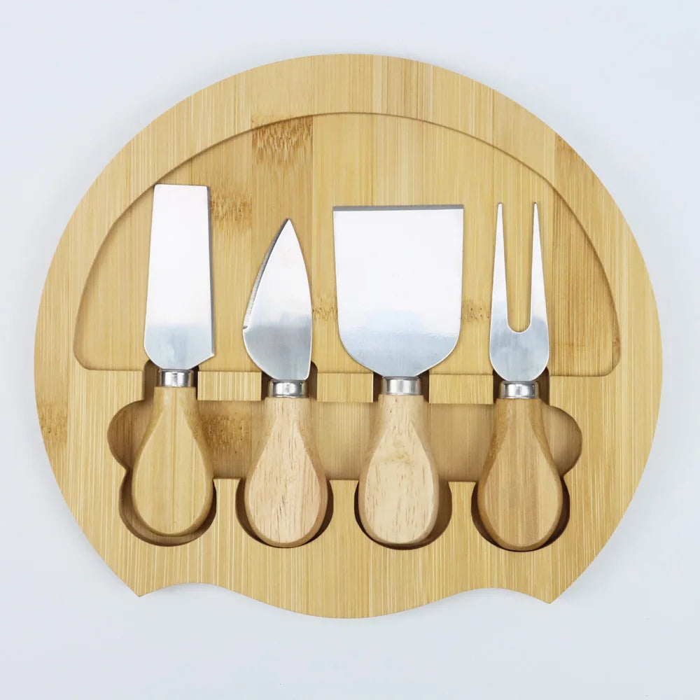 Custom Round Cheese Serving Tray Natural Bamboo Cheese Board and Knife Set Charcuterie Board Cheese Boards for Gift