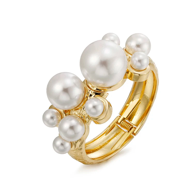 Women's Fashion Gold Plated Metal Cuff Bracelets Big Pearl Hinged Open Bangle Jewelry