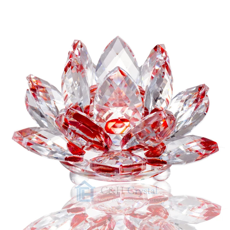 Red Polished Crystal Lotus Flower Figurine with UV Printing 8.5cm C&H CRYSTAL for Home Decoration