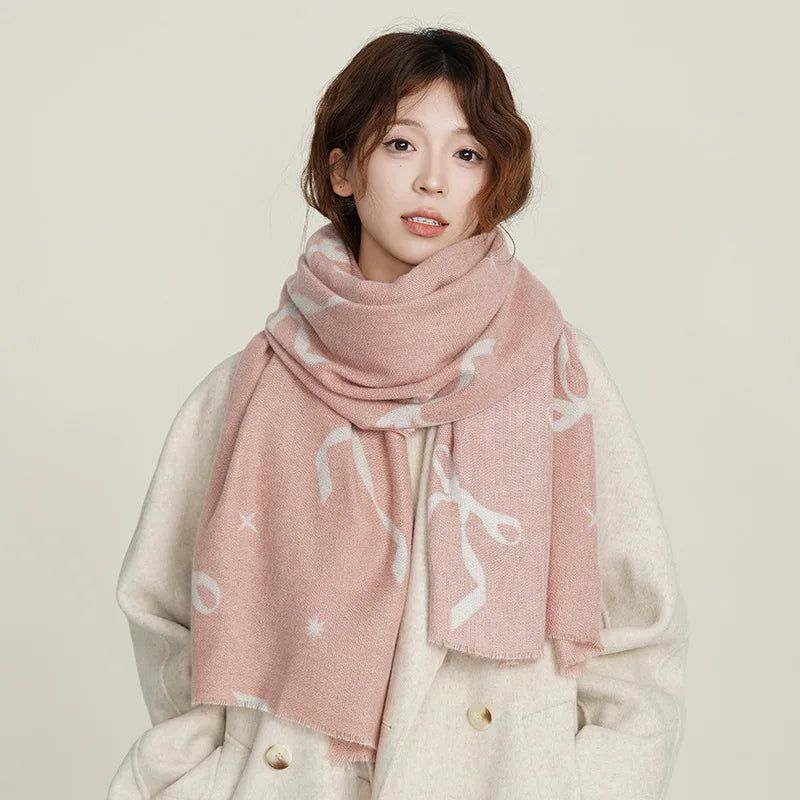 High-End Women's Winter Office Fashion Warm Polyester Scarf with Leaf Letter Bows Patterns Shawl Accessory