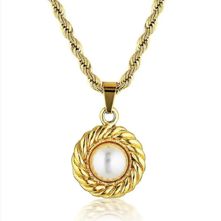 Stainless Steel Vintage Boho Women Fashion Jewelry Long Twisted Rope Chain Round Pendant Big Pearl Necklace