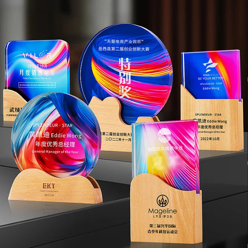 MH-NJ00698 Custom Crystal Glass Award Trophy Blank Crystal Trophy with Wooden Base