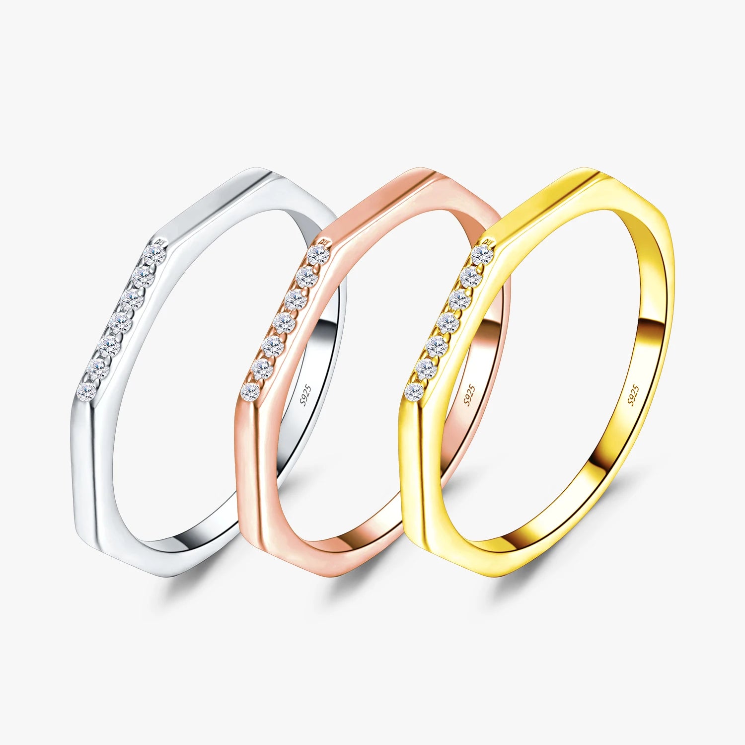 925 Sterling Silver Simple Hexagon Sparkling Cubic Zirconia Stackable Eternity Band Rings for Women Fine Jewelry