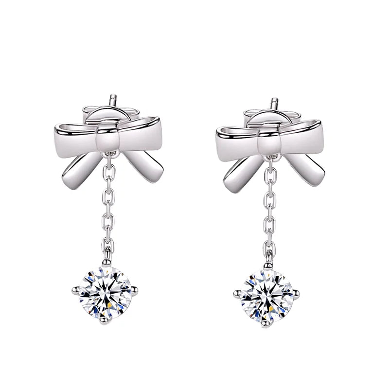 Sweet Dripping Bowknot 0.5 Carat Moissanite Earrings for Women Exquisite Long Tassel Fashion Studs with Dignified Temperament