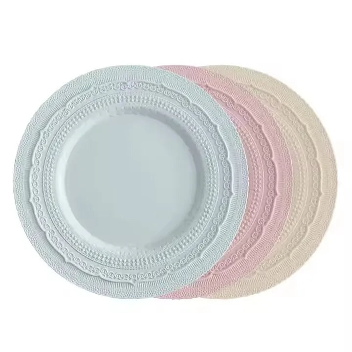 New Design Wedding 14 Inch Ceramic Tableware Lace Scalloped Embossed Cream Pink Blue Wholesale Porcelain Dinner Charger Plates