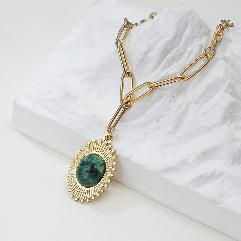 Fashion OL Gold Plated Stainless Steel Animal Shape Natural Stone Trendy Link Chain Necklace for Women Wedding Party Gift