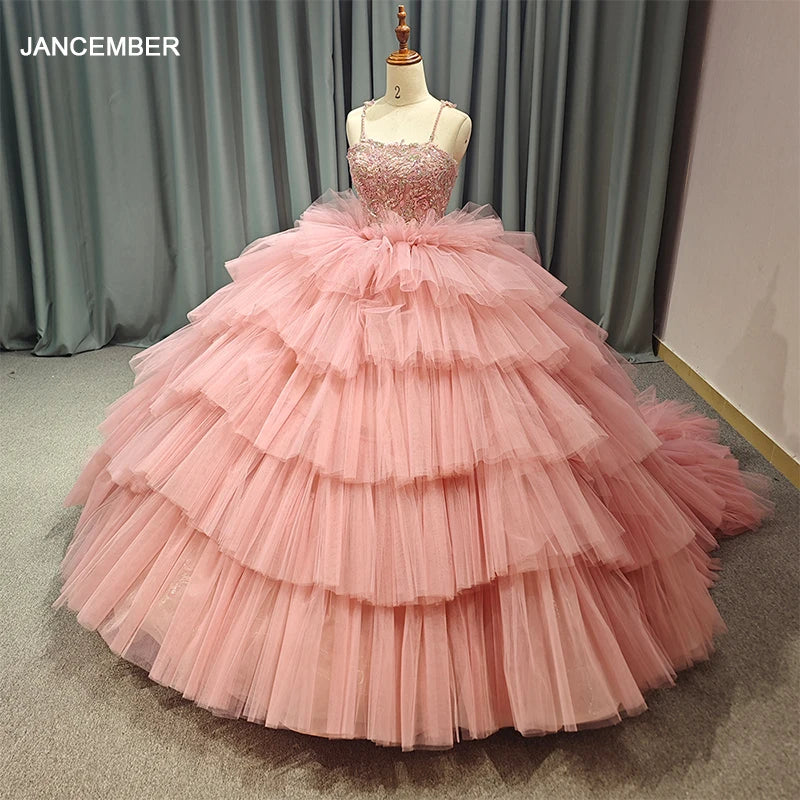 Arab Ball Gown Maxi Prom Dresses Tiered Pink Puff Tulle Long Prom Gown Evening Party Dresses 1175