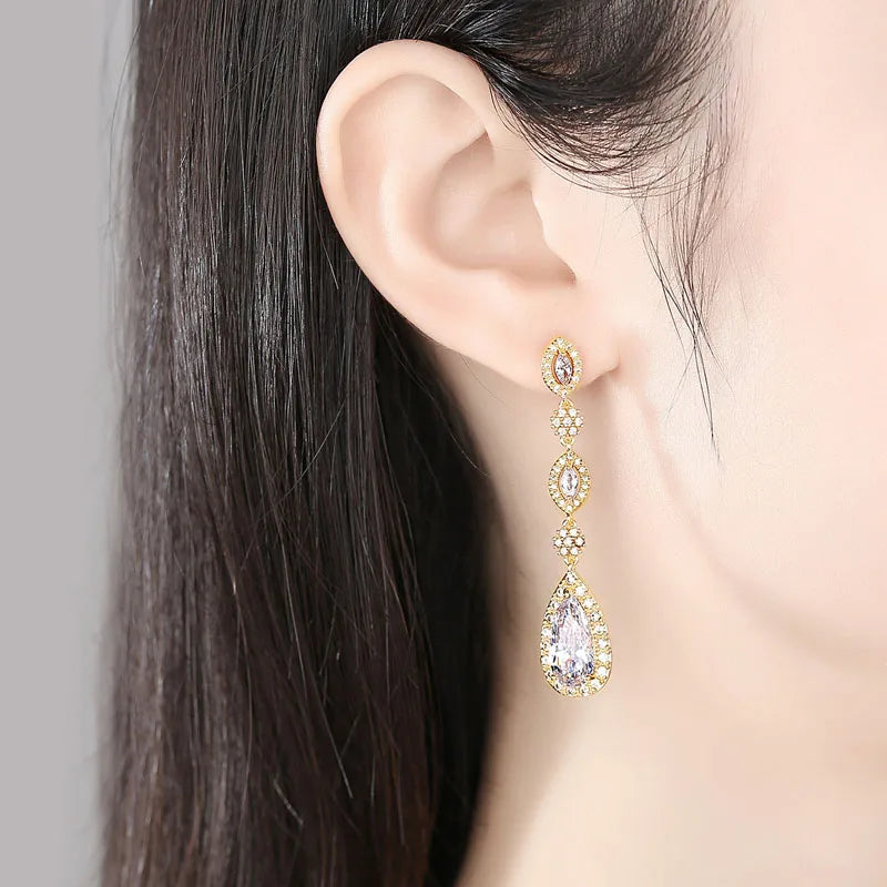 SLBRIDAL Pave Setting Clear TearDrop Cubic Zircon Drop Earring Bridal Wedding Dangle Girls CZ Earrings Women Fashion Earring