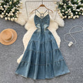 New Women'S Hollow Backless Halter Bow Tie Waist Denim Dresses