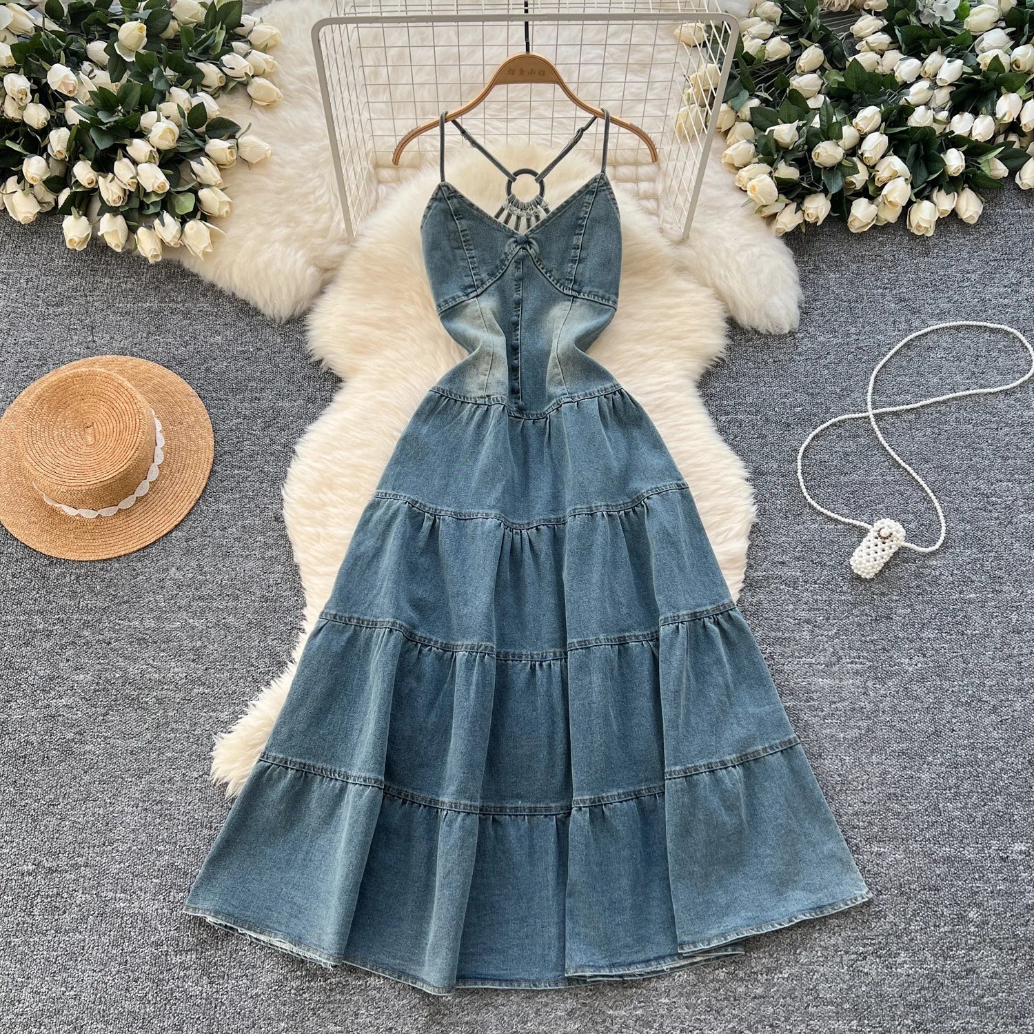 New Women'S Hollow Backless Halter Bow Tie Waist Denim Dresses