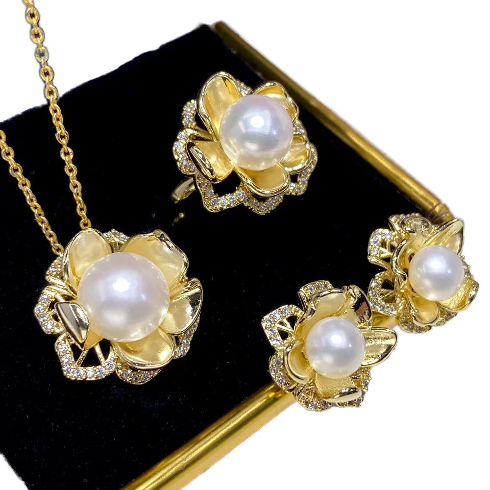 18K Gold Plate Flower 6-10mm Big Perfect White Natural Freshwater Pearls Set 3D Flower Pearl Jewelry Set