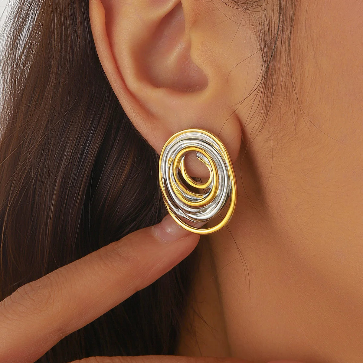 Simple Circle Two Tone Stud Earrings Geometric 18K Gold Plated Stainless Steel Earrings Women Trendy Jewelry