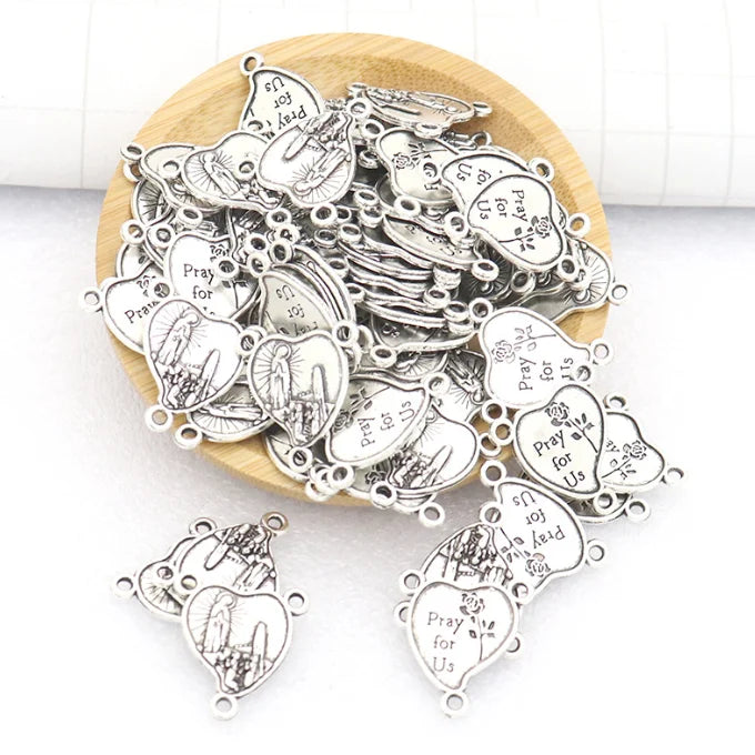 Three Hole Antique Silver Rosary Necklace Centerpiece Rosary Center Religious Medal