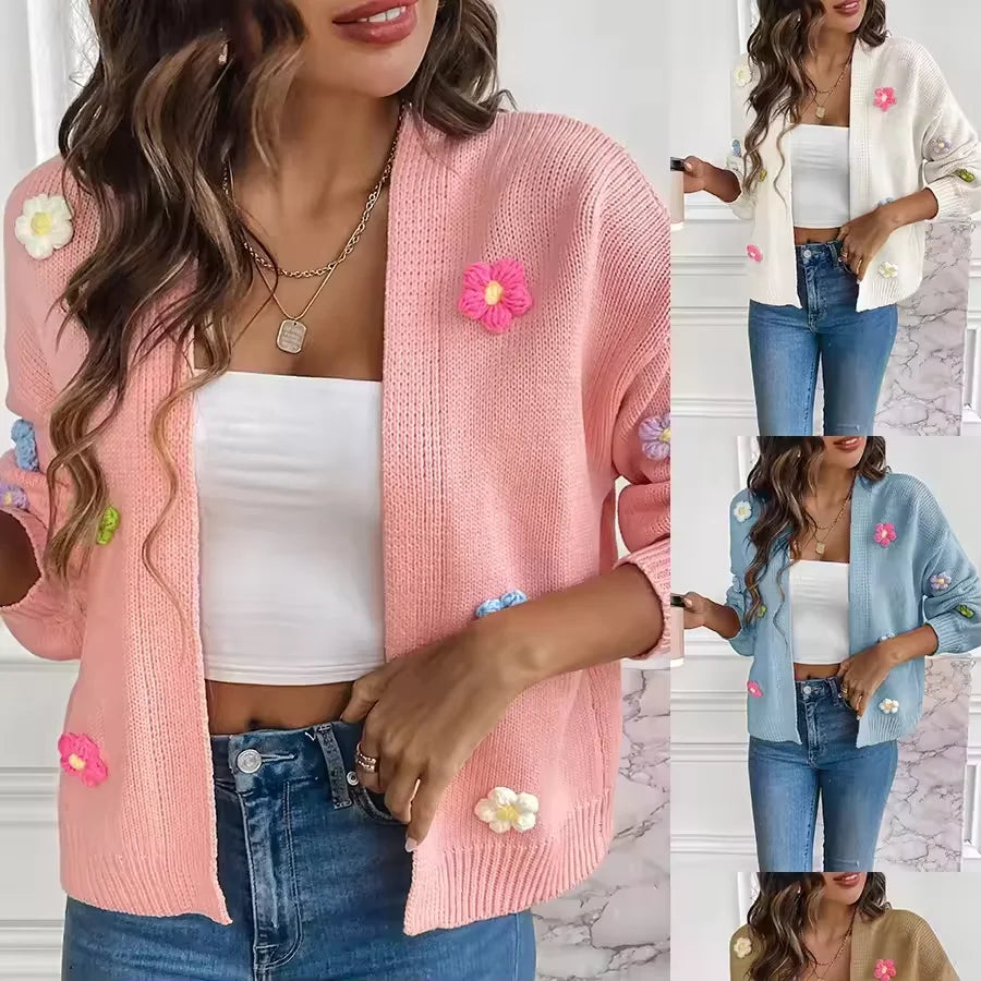 S-XL New Hand Hook Flower Cardigan Pink Sweet Knitted Women's Cardigan Sweater Lazy Casual Loose Sweater Coat