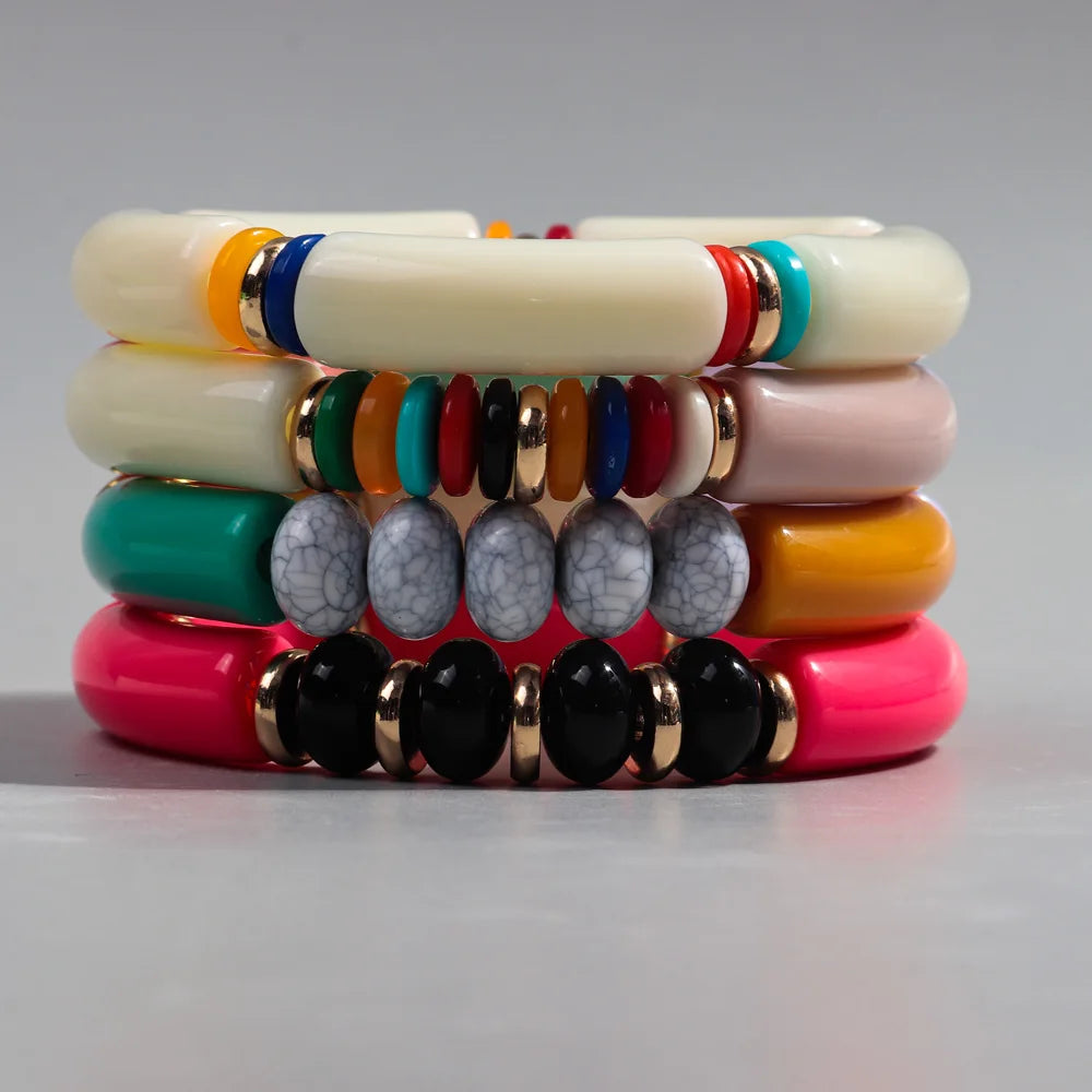 New Designer Colorful Resin Septum Bohemian Marble Beads Bangle Casual Fashion Jewelry Acrylic Tube Beads Bracelet for Women