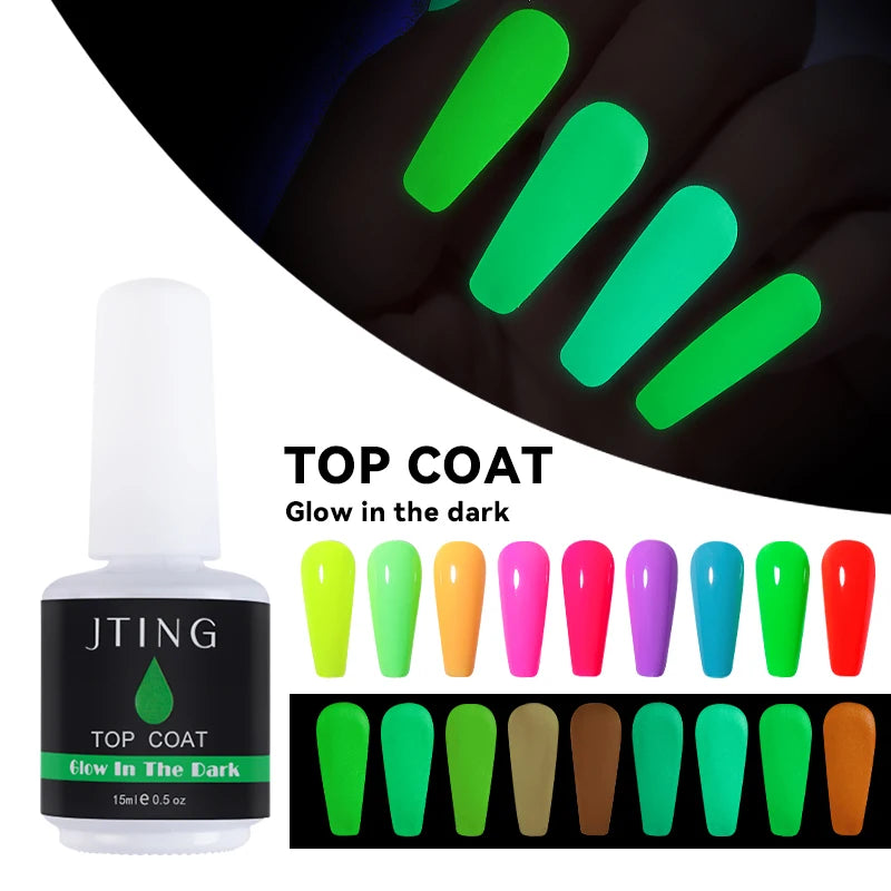 JTING Luminous Effect Glow in the Dark Gel Top Coat Nail Gel Polish clear OEM Customize Private Label 15ml Bottles