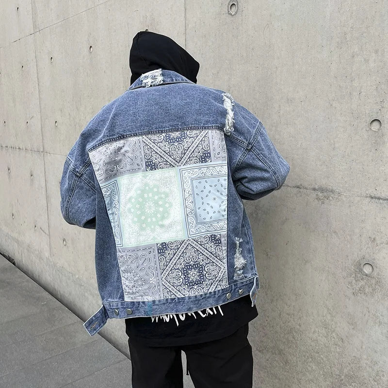 OEM Private Label Fashion Men Stock Drop Shipping Distressed Ripped Bandana Jeans Jacket for Men Clothes
