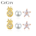 CZCITY Cute Sterling Silver Stud Earrings 3 Pairs  Gold Plated S925 Cubic Zircon Sea Star Flower Pineapple Earrings