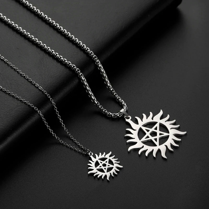 Stainless Steel Shining Sun Pentagram Pendant Necklace Supernatural Dean Statement Box Chain Necklaces Jewelry Women Men