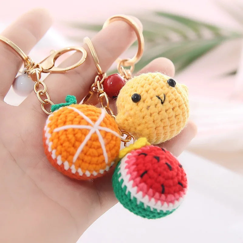 Wholesale Kawaii Anime Style Hand Knitted Fruit Keychain Cute Crochet Watermelon Orange Strawberry Bag Charm Accessories Pig
