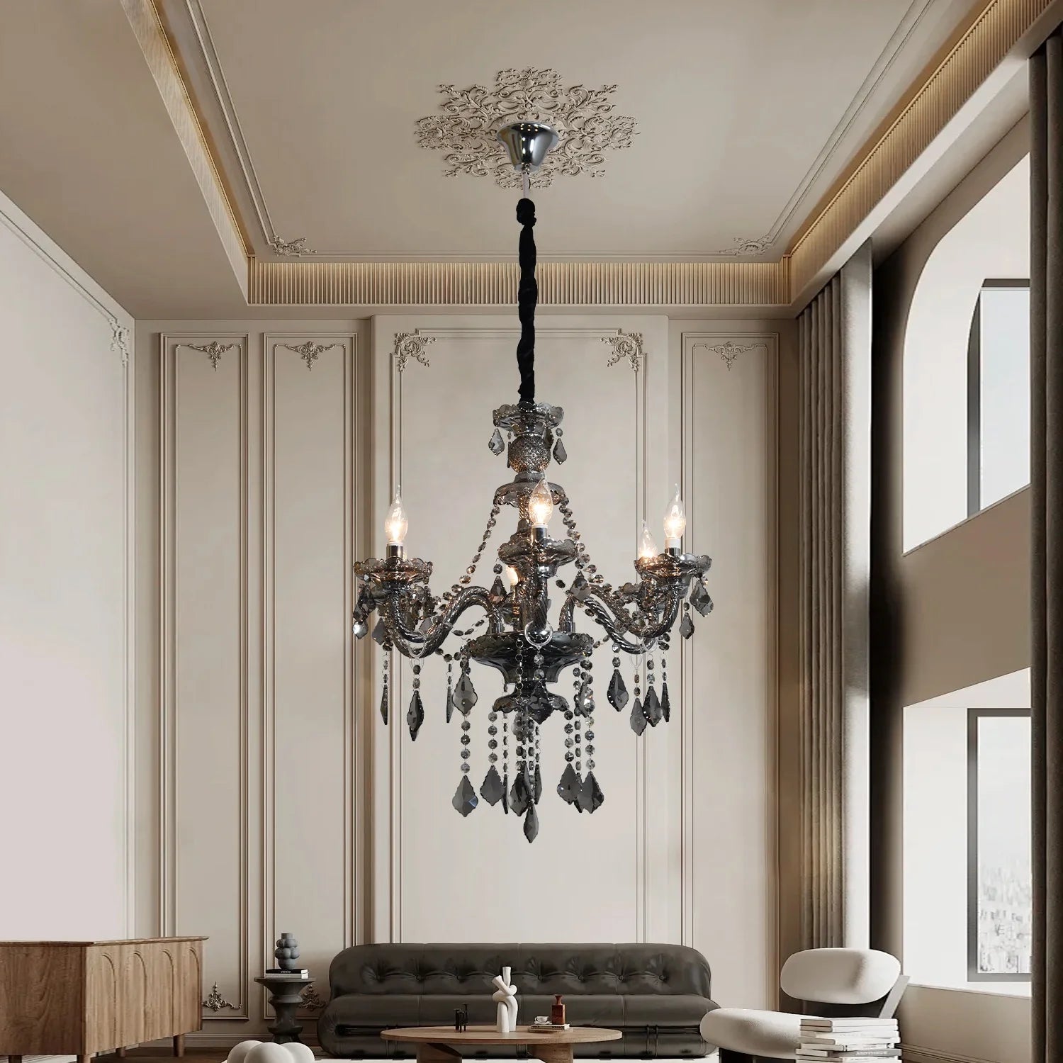 Custom Smoky Grey European Crystal  Chandelier Restaurant Bar Switch Control Indoor Illumination