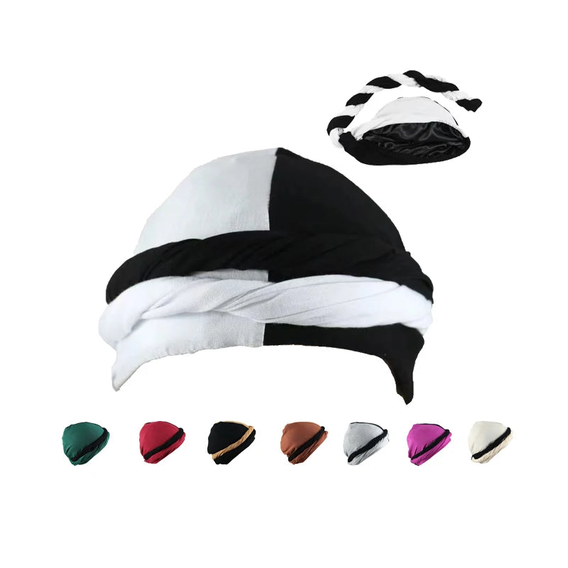 Wholesale Custom Logo Muslim Durag Soft  2 Two Tone Satin Lined Beanie Headband High Elastic Double Colors Braid Church Caps