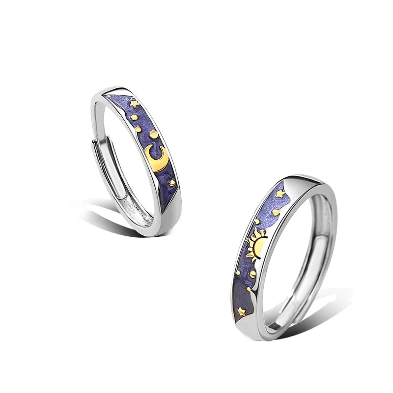 O Anel De Casamento Silver Jewelry Sun and Moon Ring Day and Night Men Women Wedding Adjustable Rings Couple Set