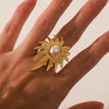 New Stainless Steel 18K Gold Plated  Exaggerated Shaped Texture Leaves Pearl Opening Waterproof Rings for Girls