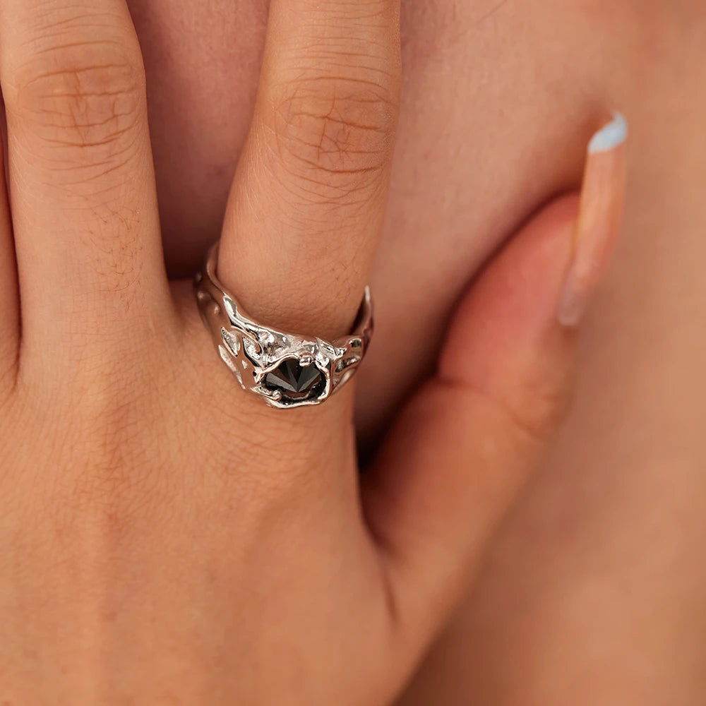 Creative Stainless Steel Irregular Silver Black Agate Diamond Rings Natural Stones Adjustable Open Rings