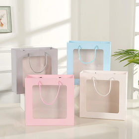 Waterproof Transparent PVC Window Recyclable Cardboard Paper Gift Bags for Boutique Florist Candle Photo Frame & Craft