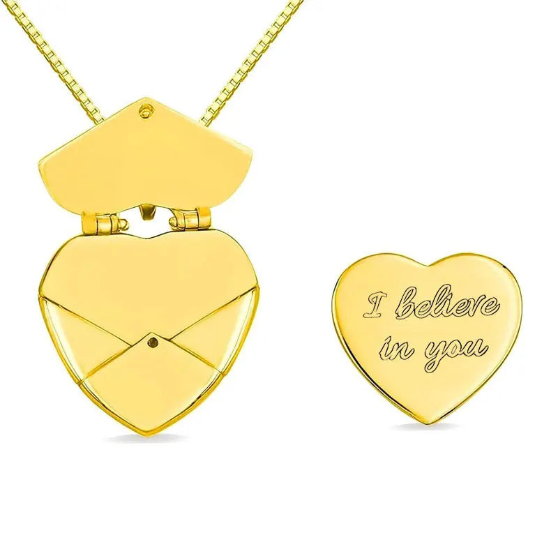 Custom Engravable Heart Envelope Locket Necklace for Women Trendy Gold Plated Zircon I Believe You Engraving Jewelry