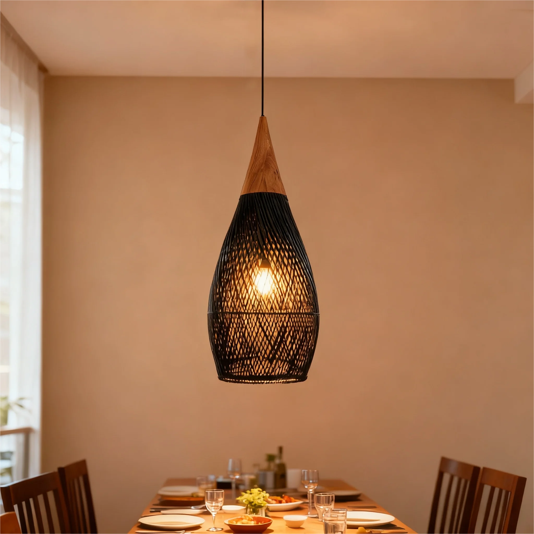 Japanese Retro Wabi Sabi Rattan Wicker Pendant Light LED Dining Living Room Bedroom Kitchen Chandelier Rustic Cage Hanging Lamp