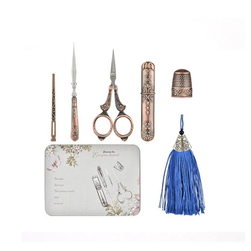 European Antique Vintage Sewing Kit Metal Brass Sewing Thimble Vintage Scissors With Box